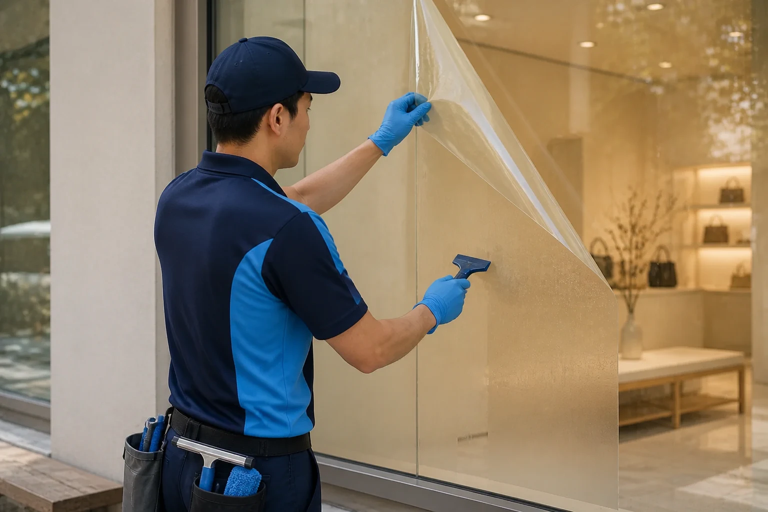 매장 유리에서 불투명 시트지를 제거하는 작업자